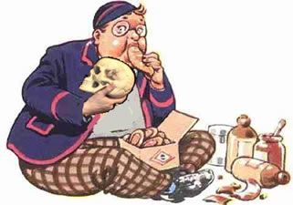 Bunter eating and holding a skull